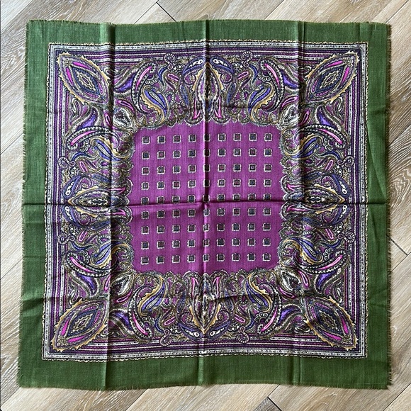 Vintage Paisley Patterned Square Scarf in Green and Purple 30” x 30” - Picture 3 of 8
